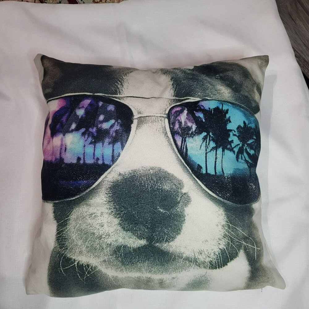 Dog Print Throw Pillow With Sunglasses Polyester 18 x18 Inches